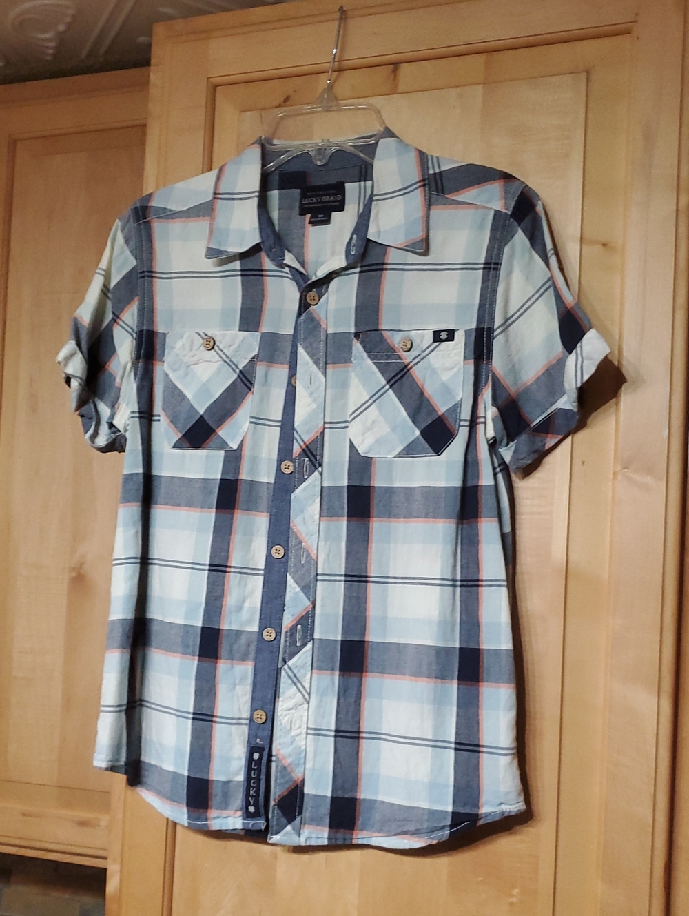 Lucky Brand Boys Button Down Short Sleeve Shirt Blue Plaid 100% Cotton Sz M GUC
